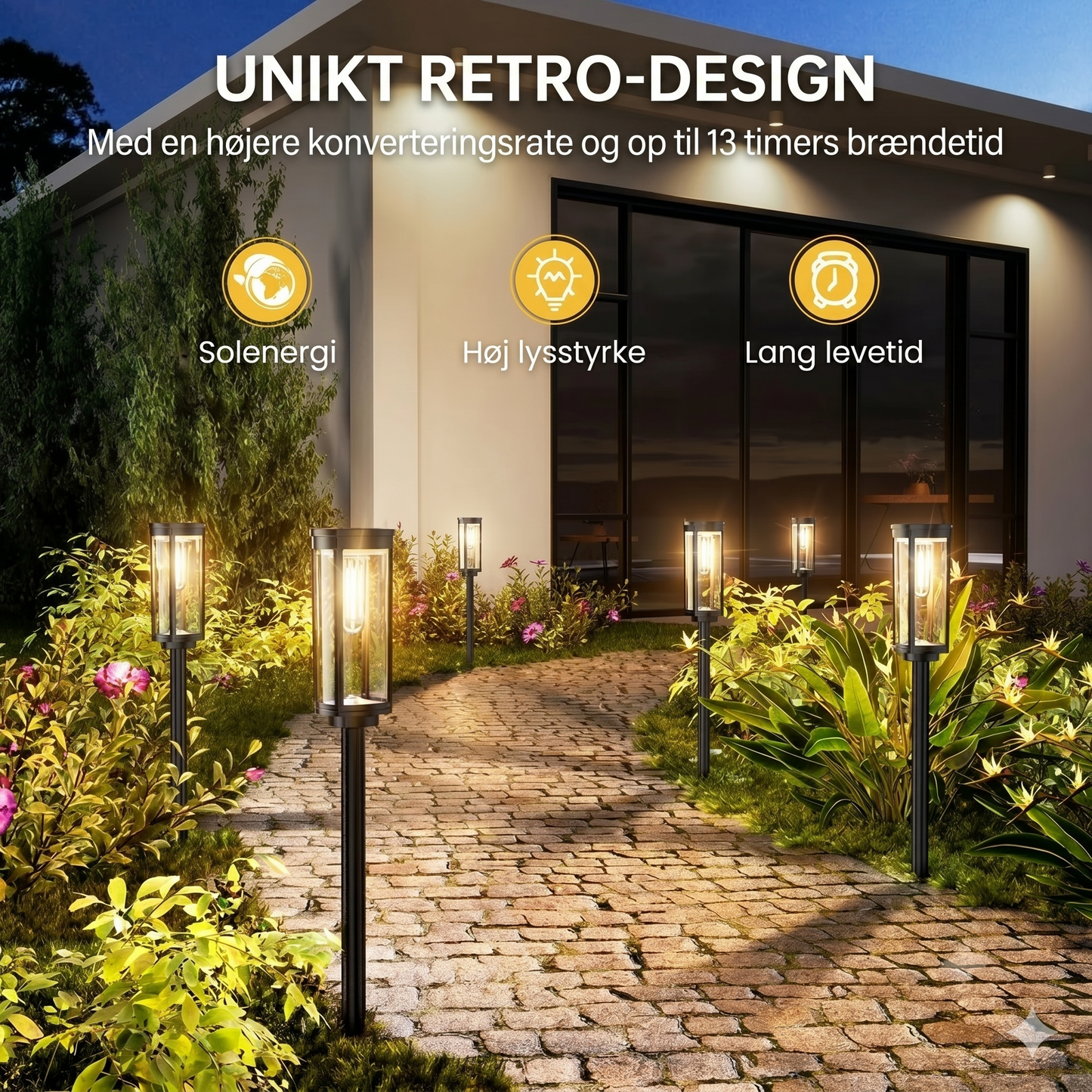 Solcelle havebelysning – retro design, 12-14 timers belysning & IP65 vandtæt