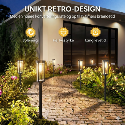 Solcelle havebelysning – retro design, 12-14 timers belysning & IP65 vandtæt