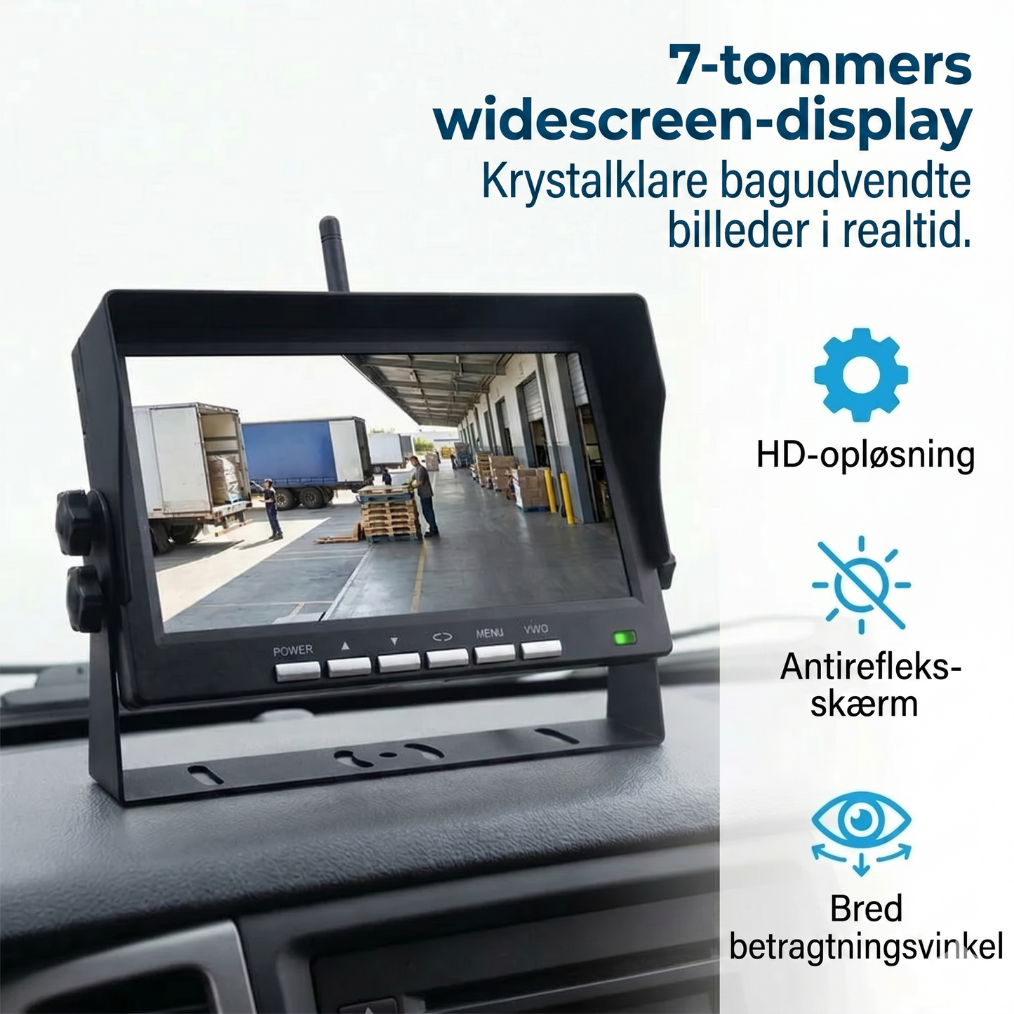 Højkvalitets trådløst bakkamerasystem med en 7-tommers bredskærmsmonitor