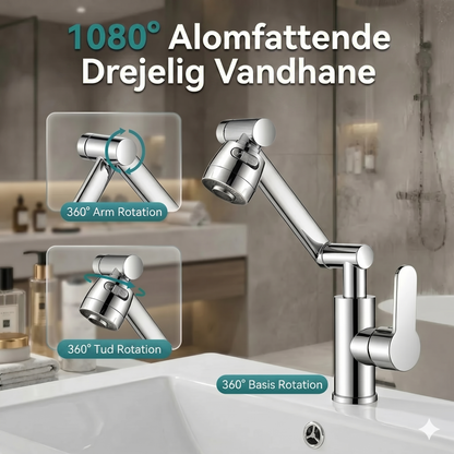1080° drejelig vandhane, stænkfri, to vandfunktioner