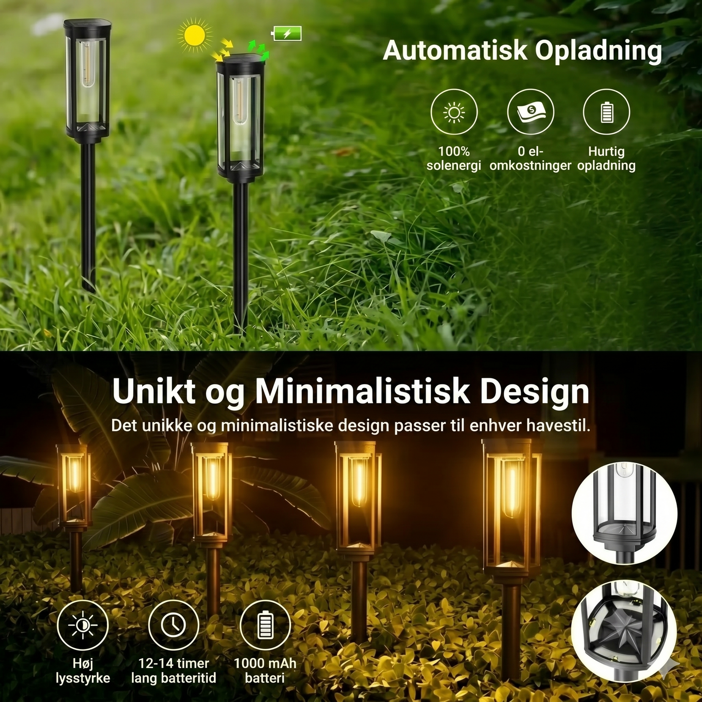 Solcelle havebelysning – retro design, 12-14 timers belysning & IP65 vandtæt
