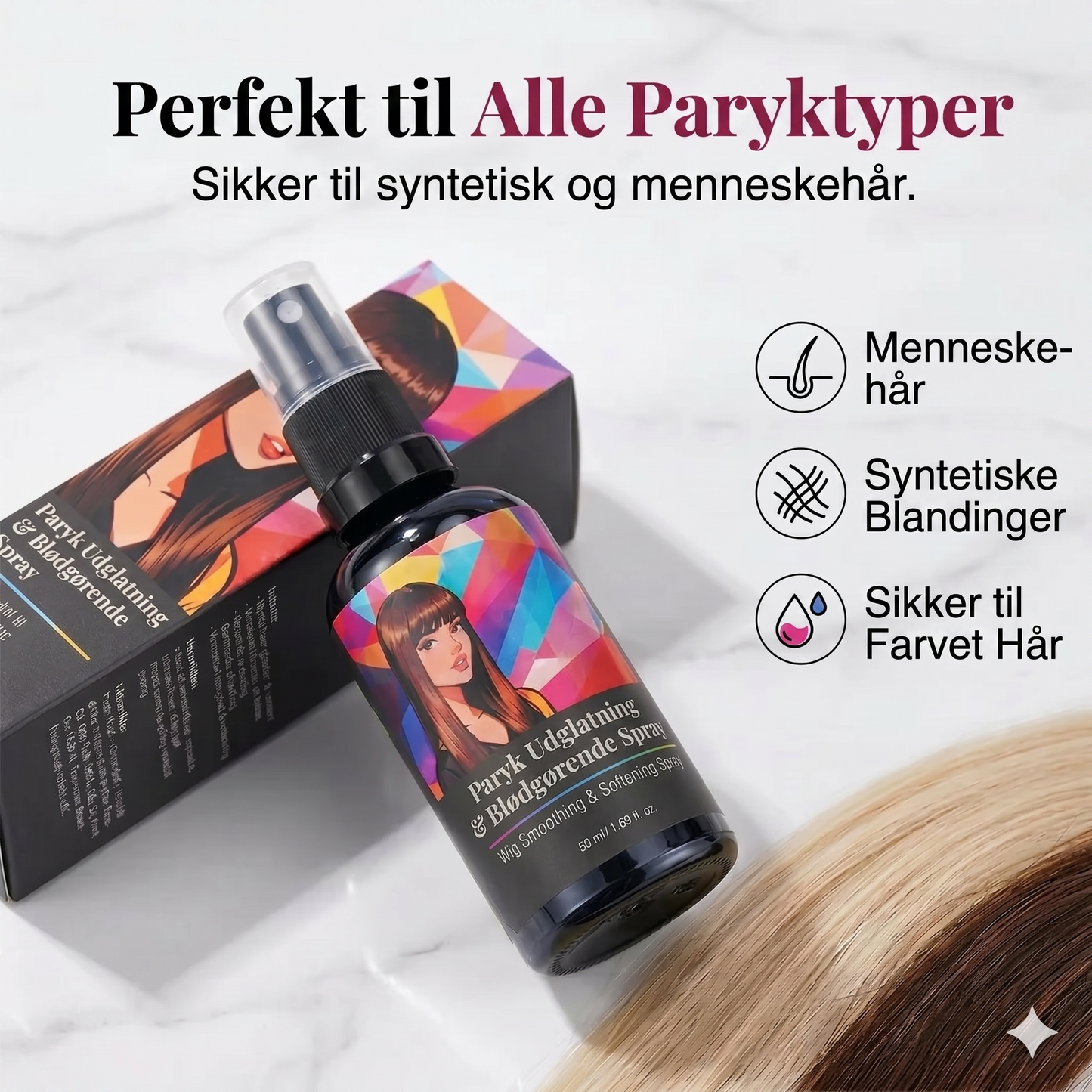 Hårspray til glatning og udglatning af parykker