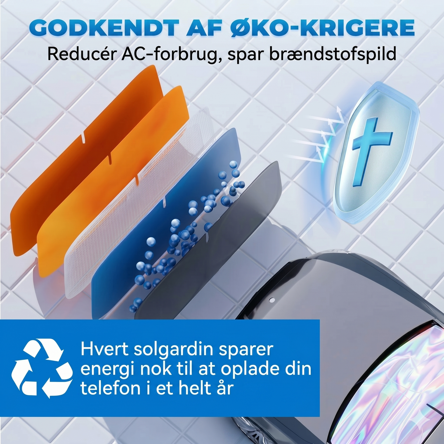 Solskærm til bilruden med reflekterende aluminiumsbelægning mod ekstrem varme