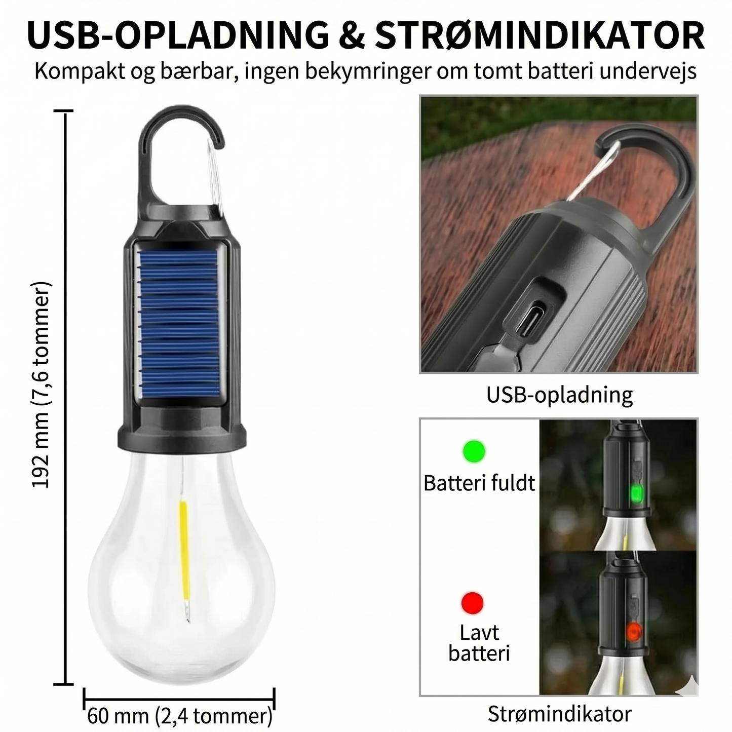 Solcelledrevet teltlys (USB-genopladelig LED-campinglygte)